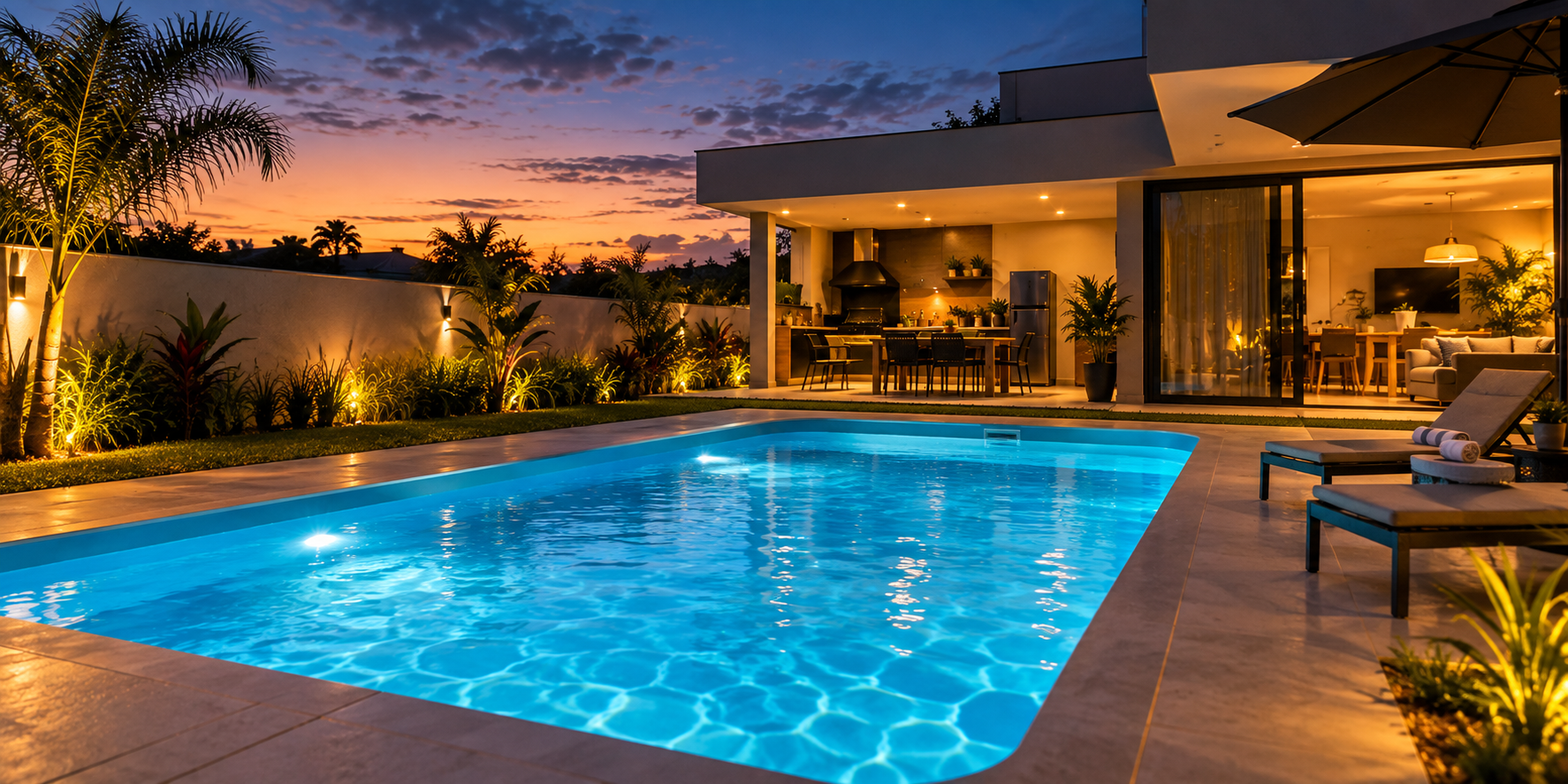 Piscina residencial iluminada ao entardecer